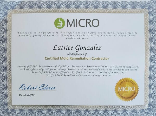 Micro Mold Remediation Certificate